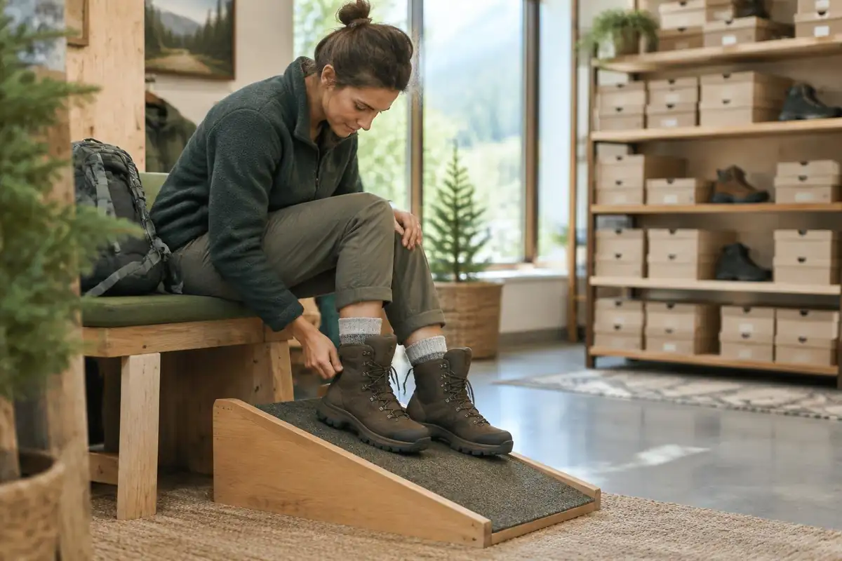 Shoe shop-style fitting corner with a hiker testing boots on an incline board