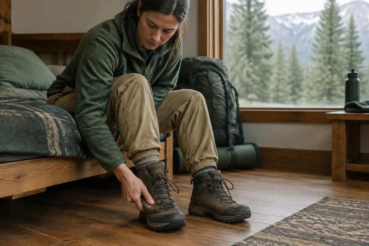 Hiker pressing thumb at the front of a boot to check toe room