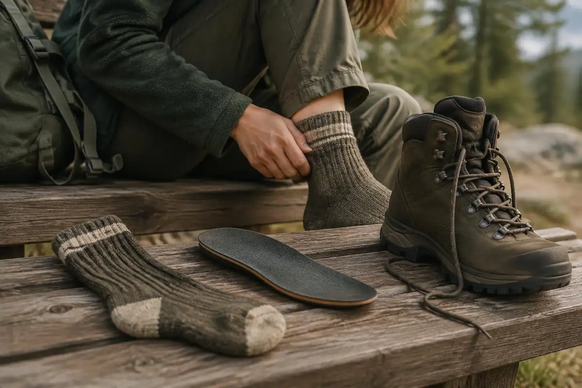 Two socks and a boot insole laid out on a wooden bench