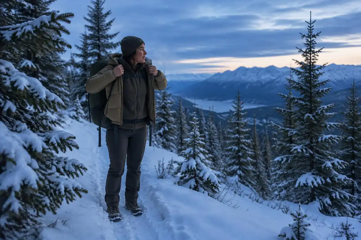 Hiker stopped on a snowy trail adding a jacket over layers