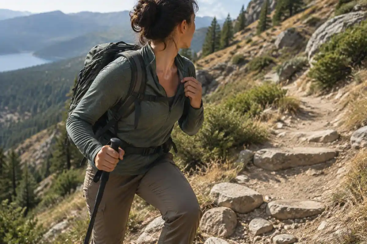 Hiker unzipping vents while climbing a warm switchback