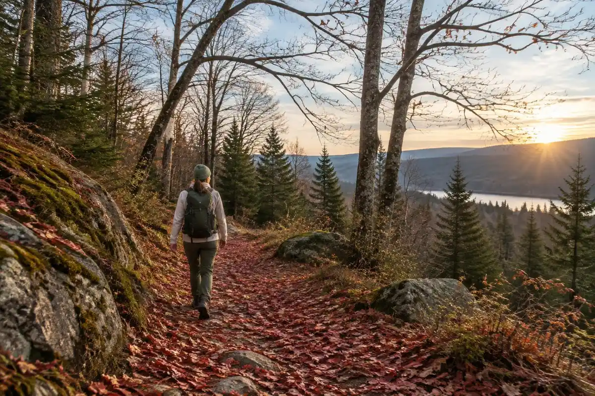 Four seasons of one forest path in a single scene of falling leaves