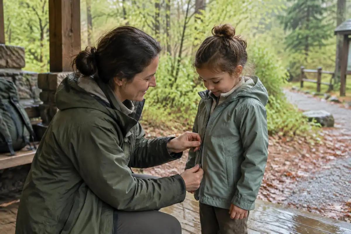 Child and parent putting on rain gear before a spring hike