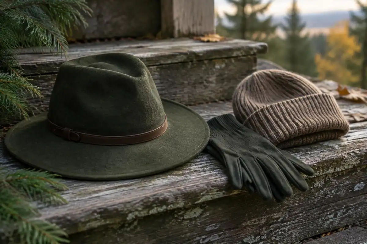 Sun hat, gloves and a wool beanie arranged on a wooden step