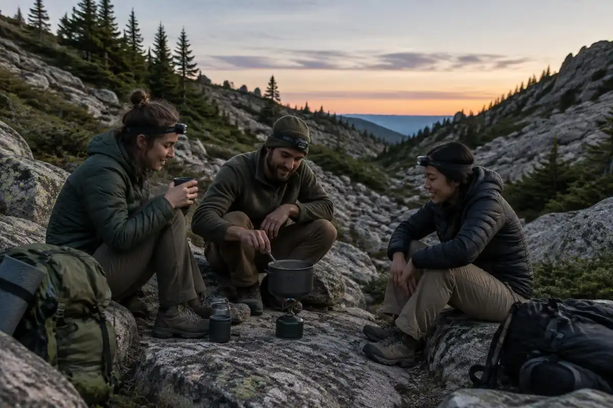 Trio sharing a one-pot meal on a rocky camp kitchen area