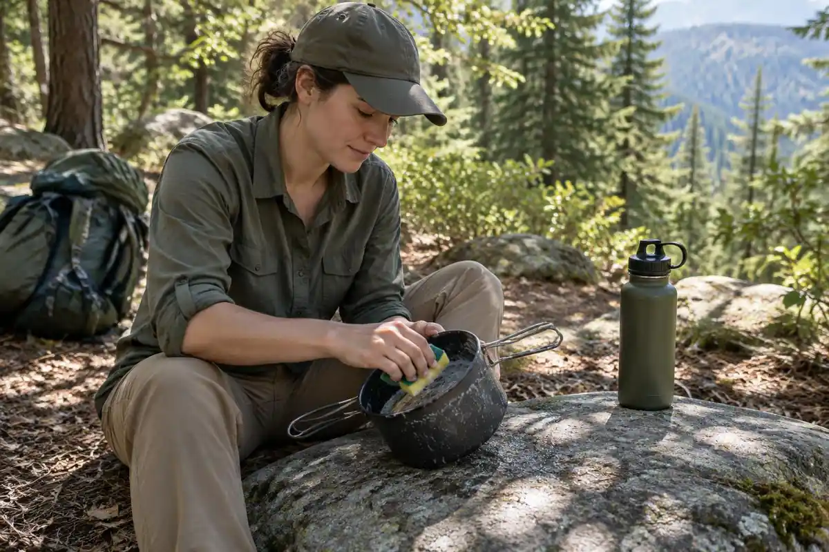 Cook rinsing a pot with a little water at a distance from a stream