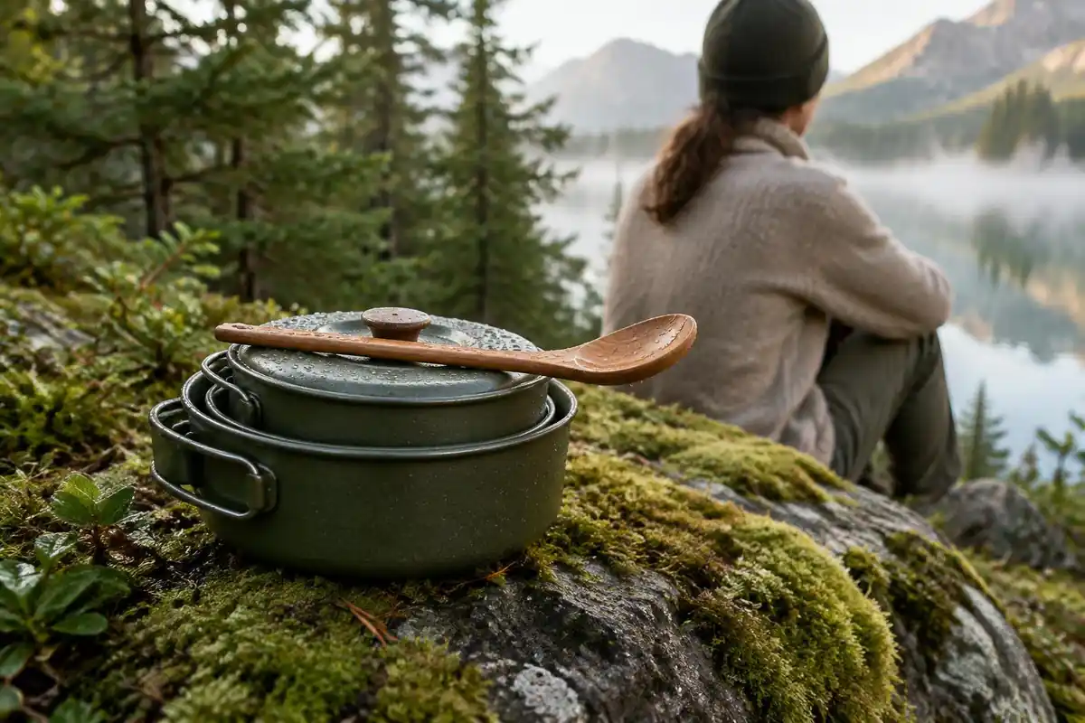 Nested pot, lid and spoon stacked on a mossy stone