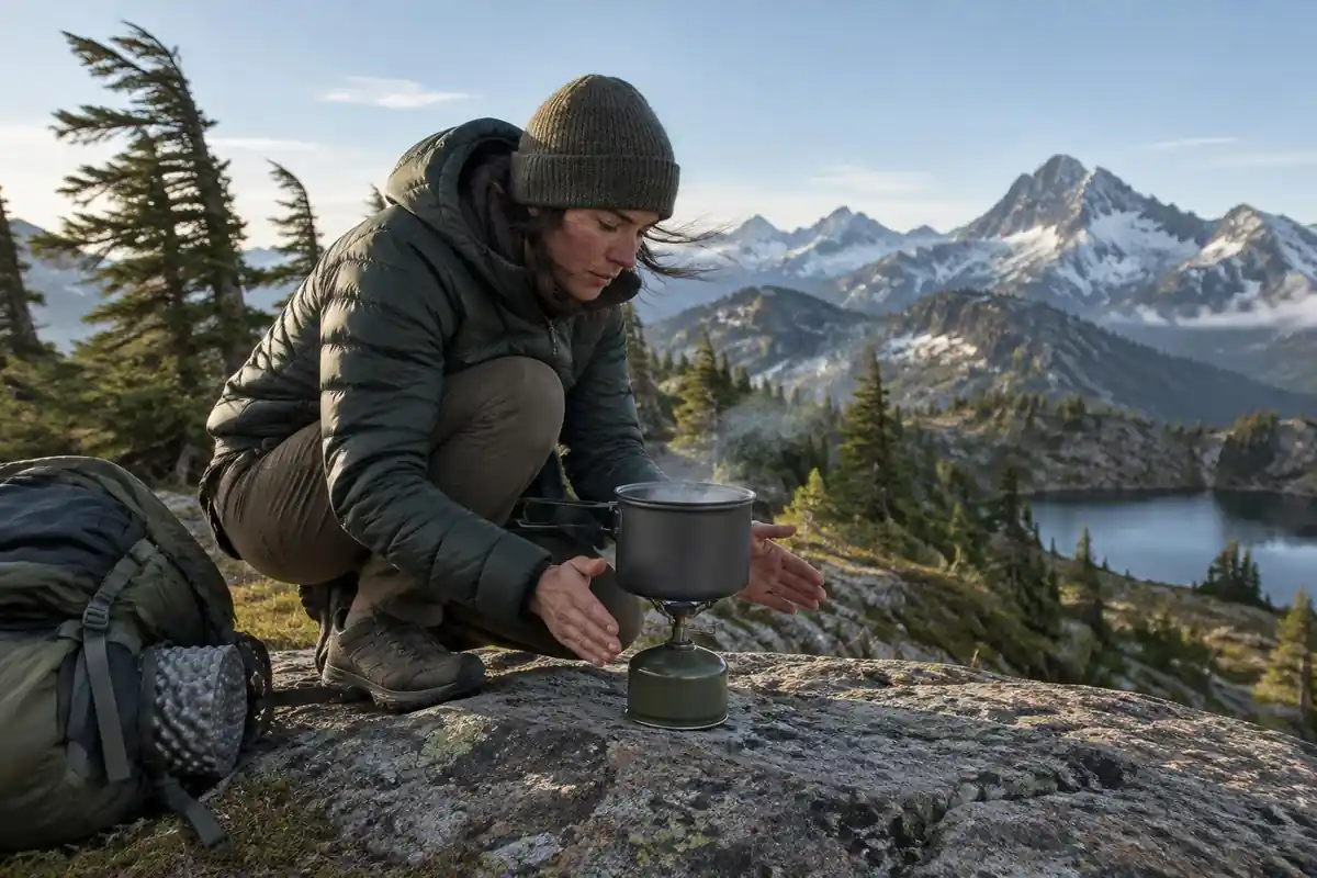 Stove on a flat rock at a windy mountain camp at breakfast