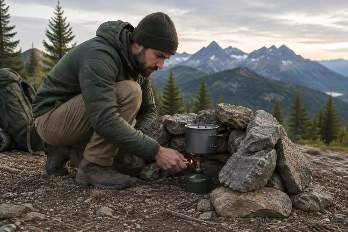 Hiker igniting a stove with a lighter behind a stone windbreak