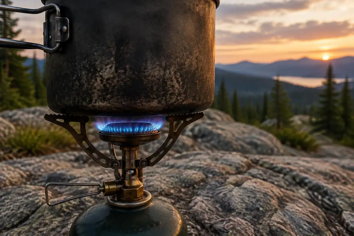 Blue flame under a pot on a tiny burner close up