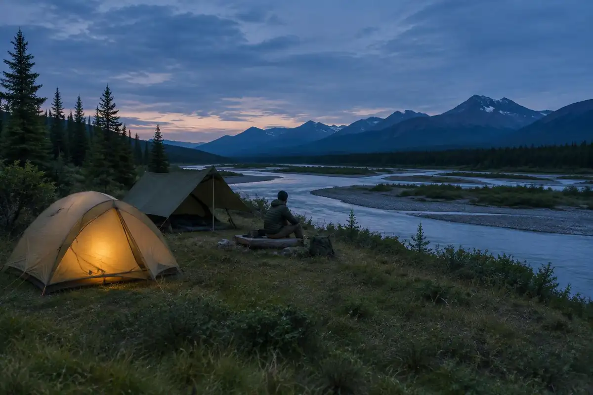 Two tents pitched on a grassy bench beside a river at dusk with warm glow