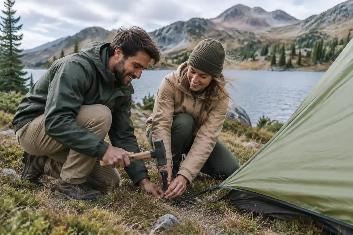 Couple staking out a tent corner into rocky soil