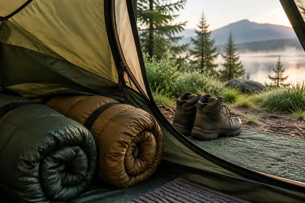 Zipper door of a tent half open showing sleeping bags inside