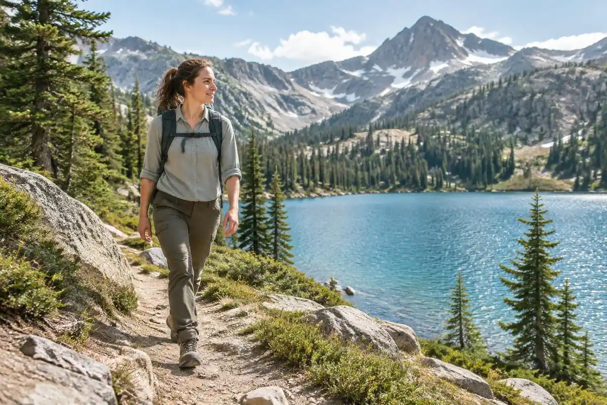 Hiker in a fitted long-sleeve top at a bright alpine lake