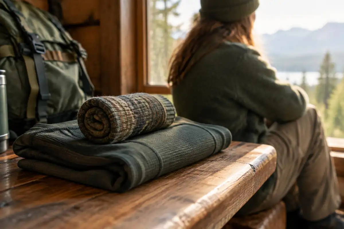 Folded merino base layer with a pair of sock rolled beside it on a bench