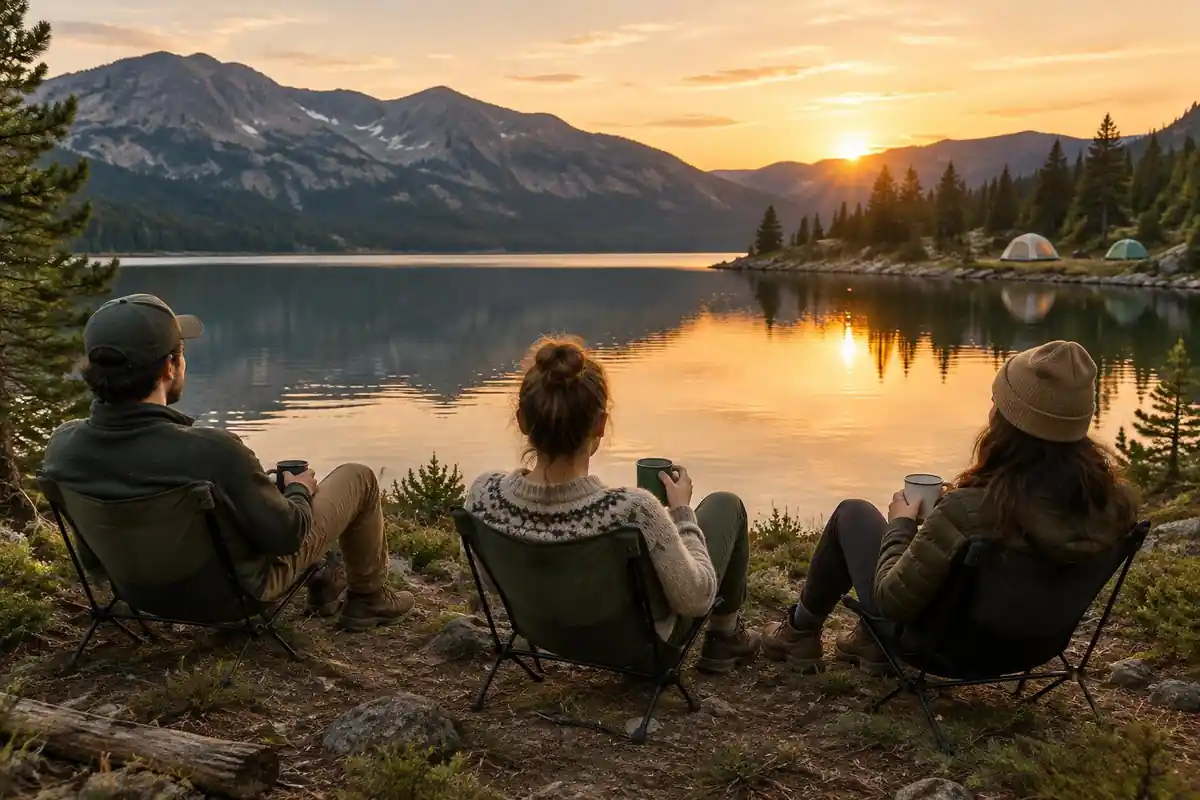 Friends relaxing on low camp chairs around a lakeside evening