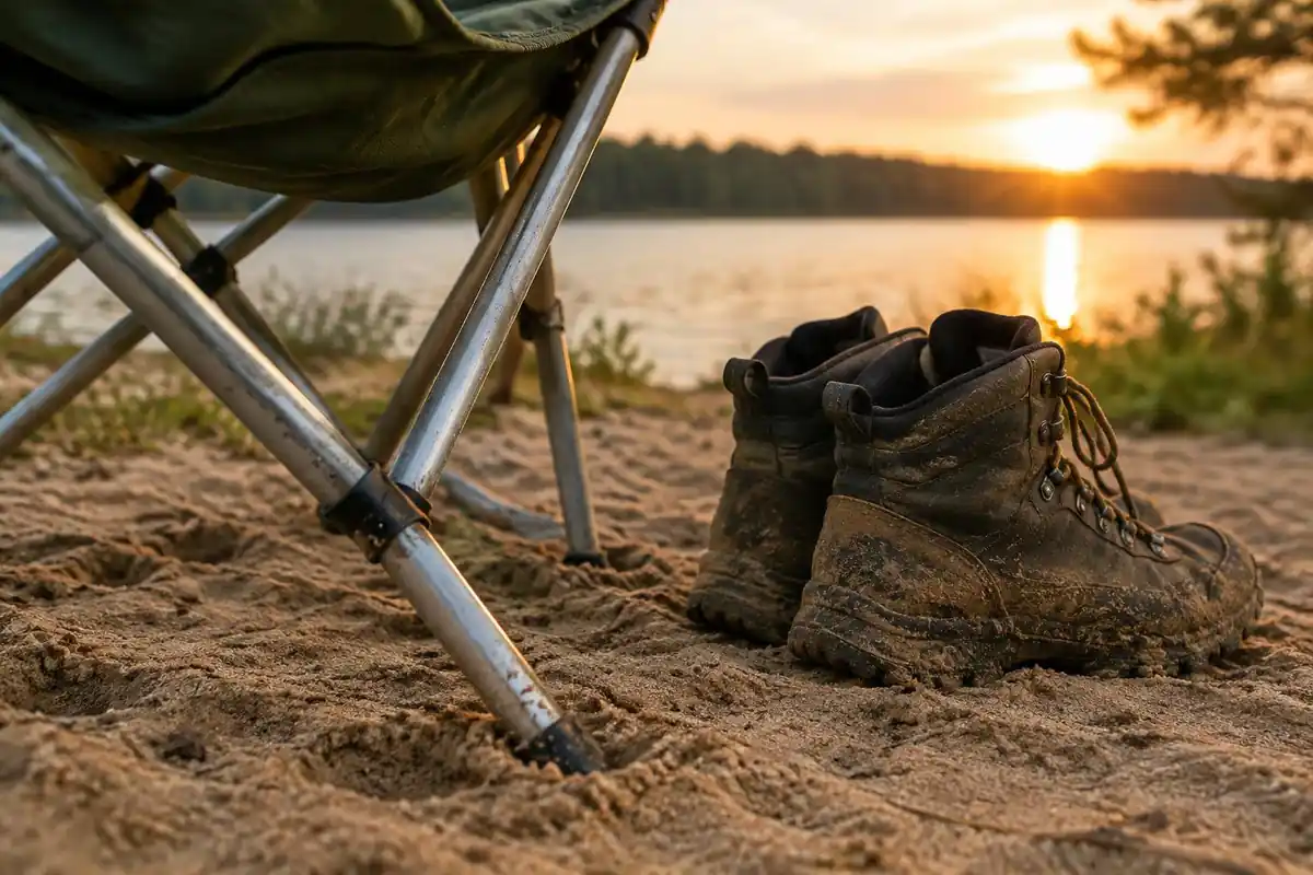 Legs of a folding chair set in soft sand beside boots