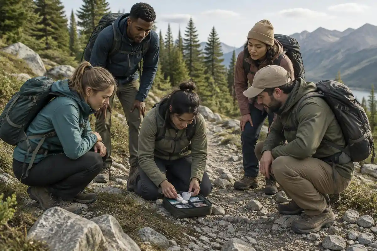 Group pausing at a trail junction while one member kneels over a small kit