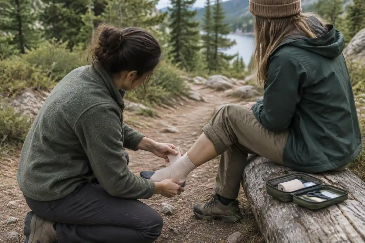 Woman applying a bandage to a friend's ankle on a log