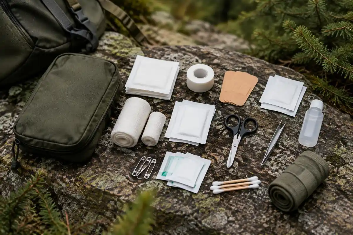 Contents of a small kit organised on a rock: gauze, tape, tweezers