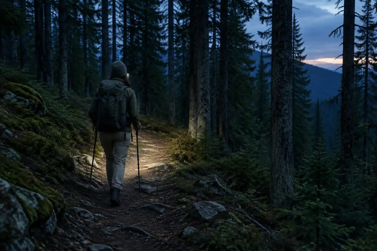 Hiker walking a forest path at dusk with a dim headlamp glow