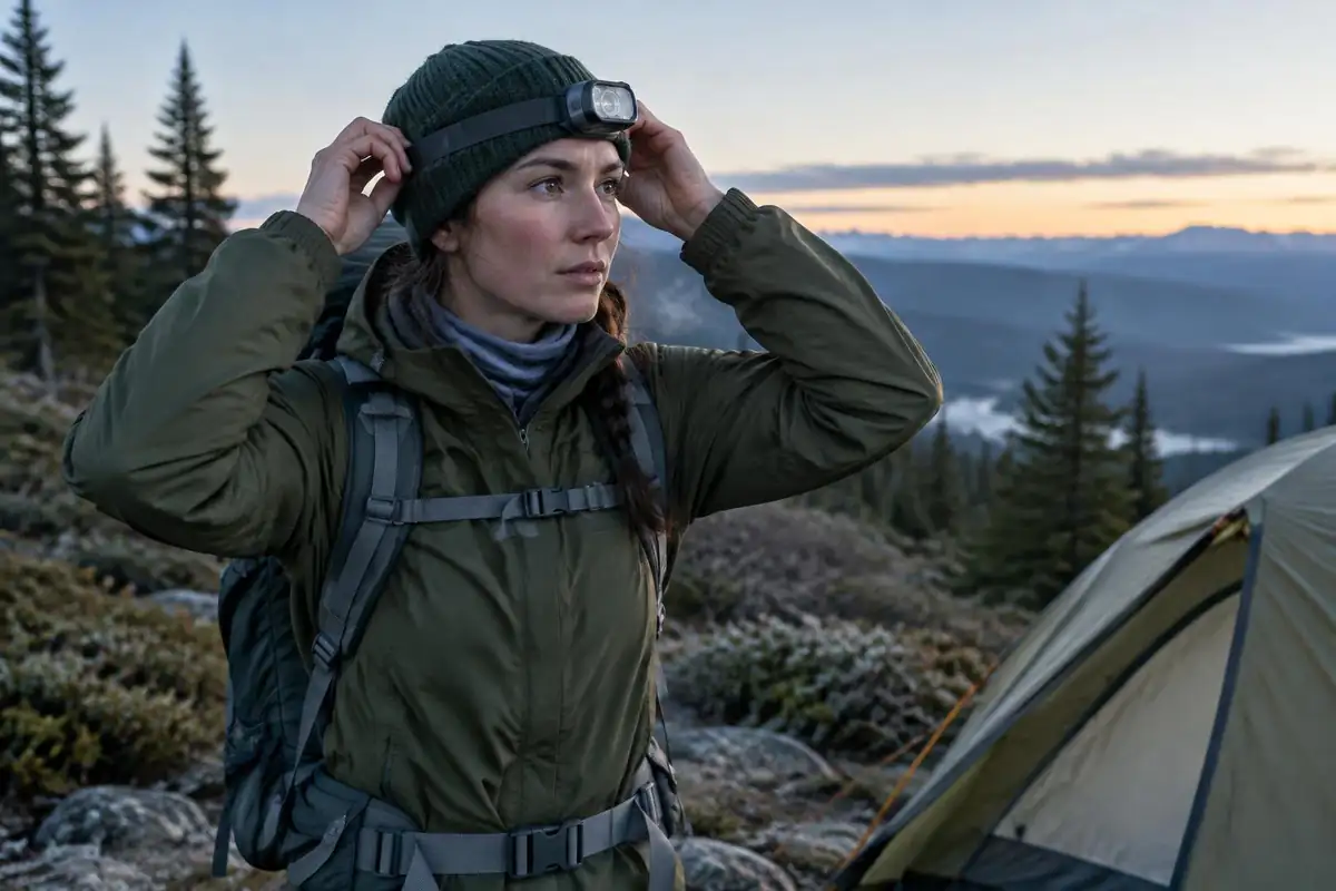 Hiker adjusting the headband of a headlamp before a pre-dawn start