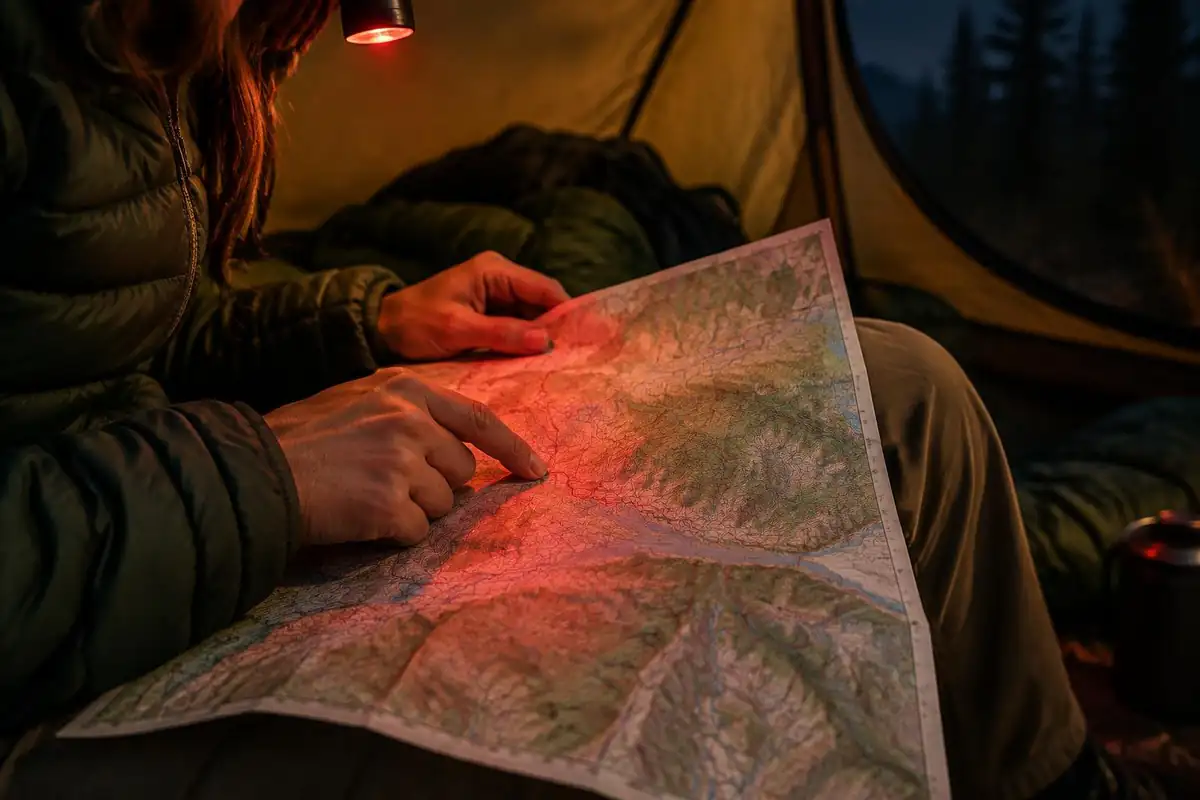 Red-light glow across a tent map at night
