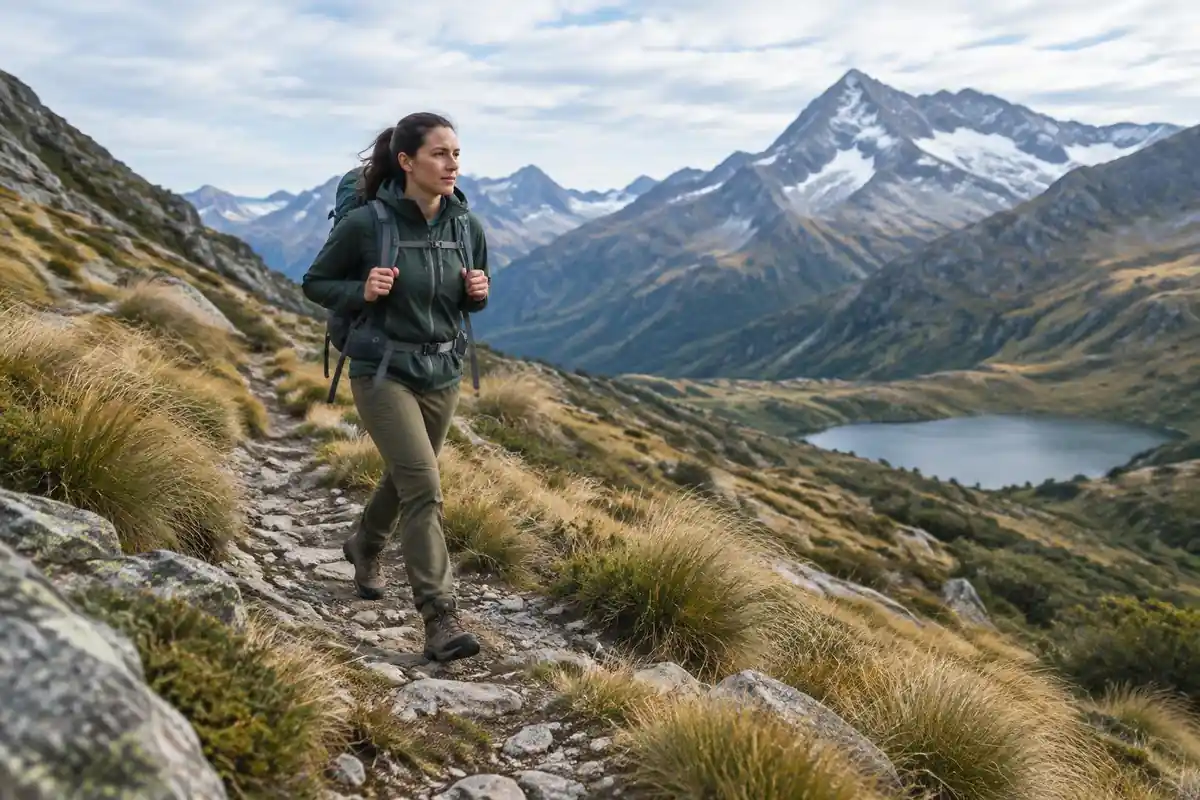 Hiker striding a stony alpine path in sturdy mid boots at midday