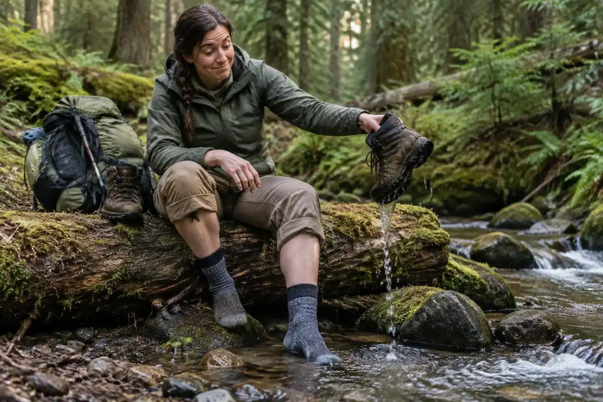 Hiker sitting to wring out boots after a wet crossing