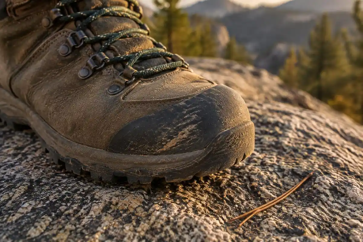 Boot toe cap scuffed on granite with trail dust