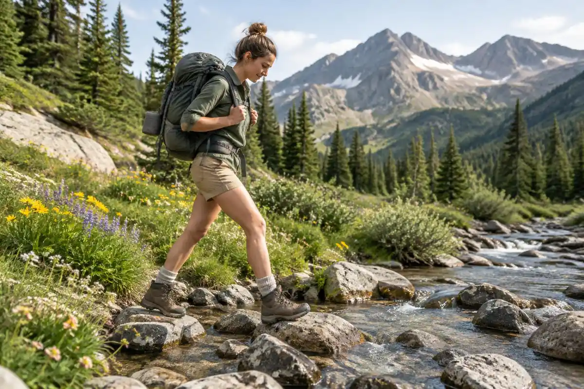 Hiker crossing a stony ford in thick wool socks and boots on a summer day