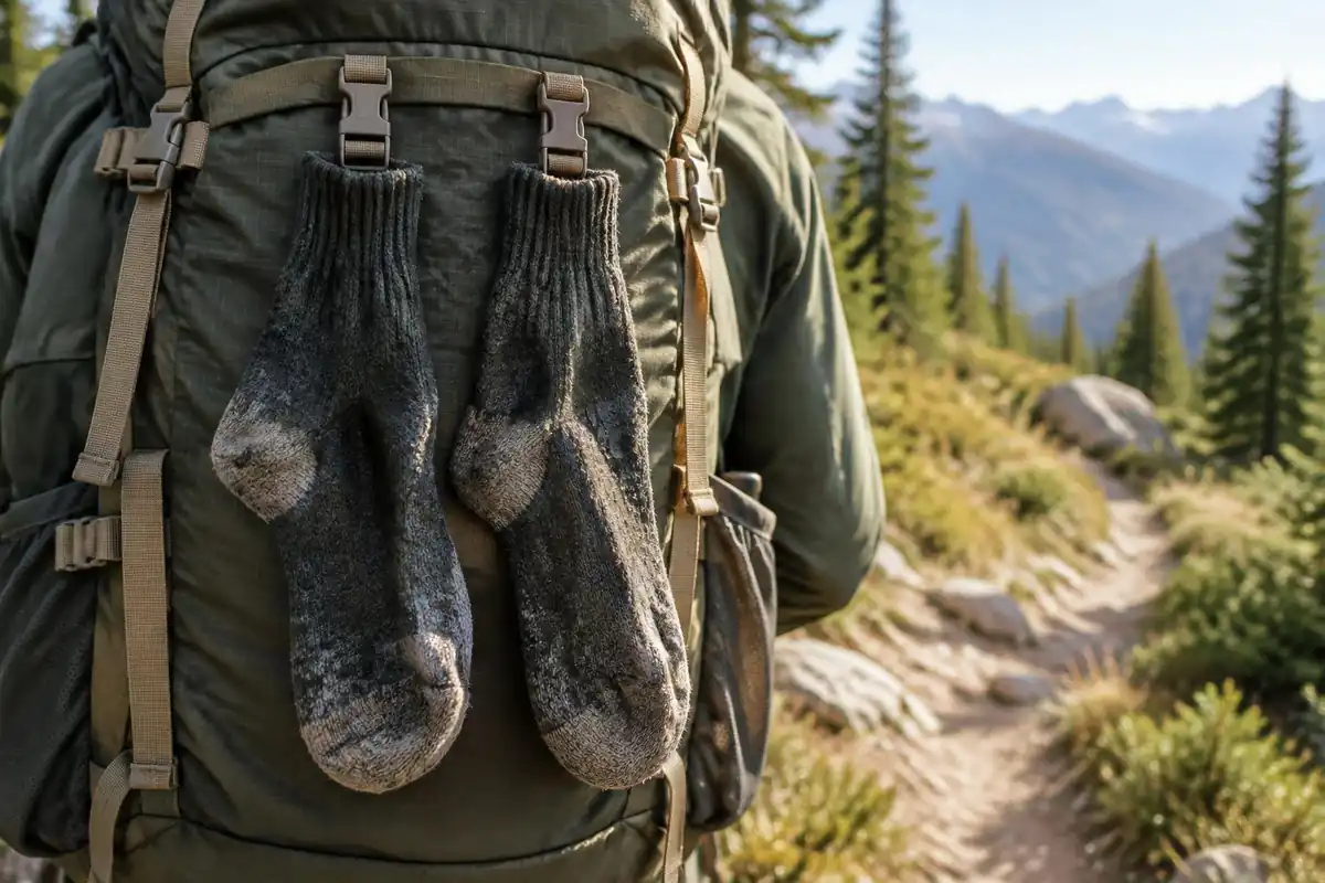 Wet socks hung to dry on a pack strap in sunshine