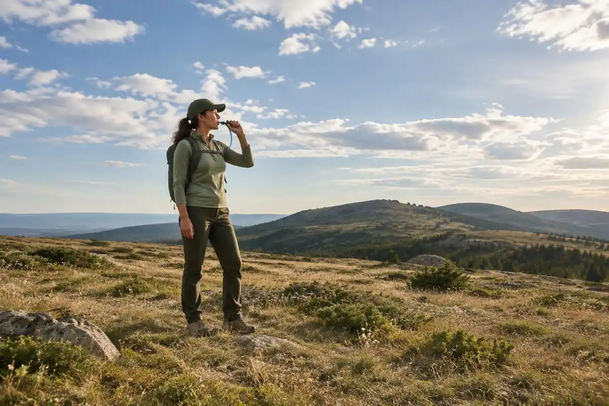 Hiker drinking from a hose while crossing a grassy plateau