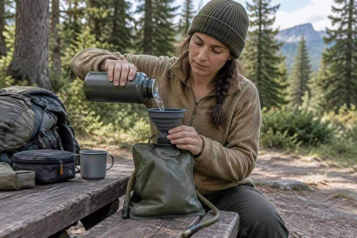 Woman refilling a reservoir at a campground picnic table
