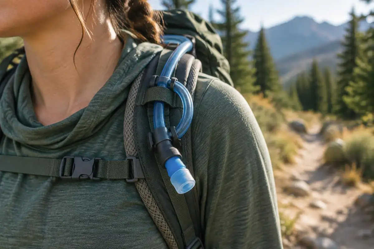 Bite valve and clip on a pack shoulder strap in sun