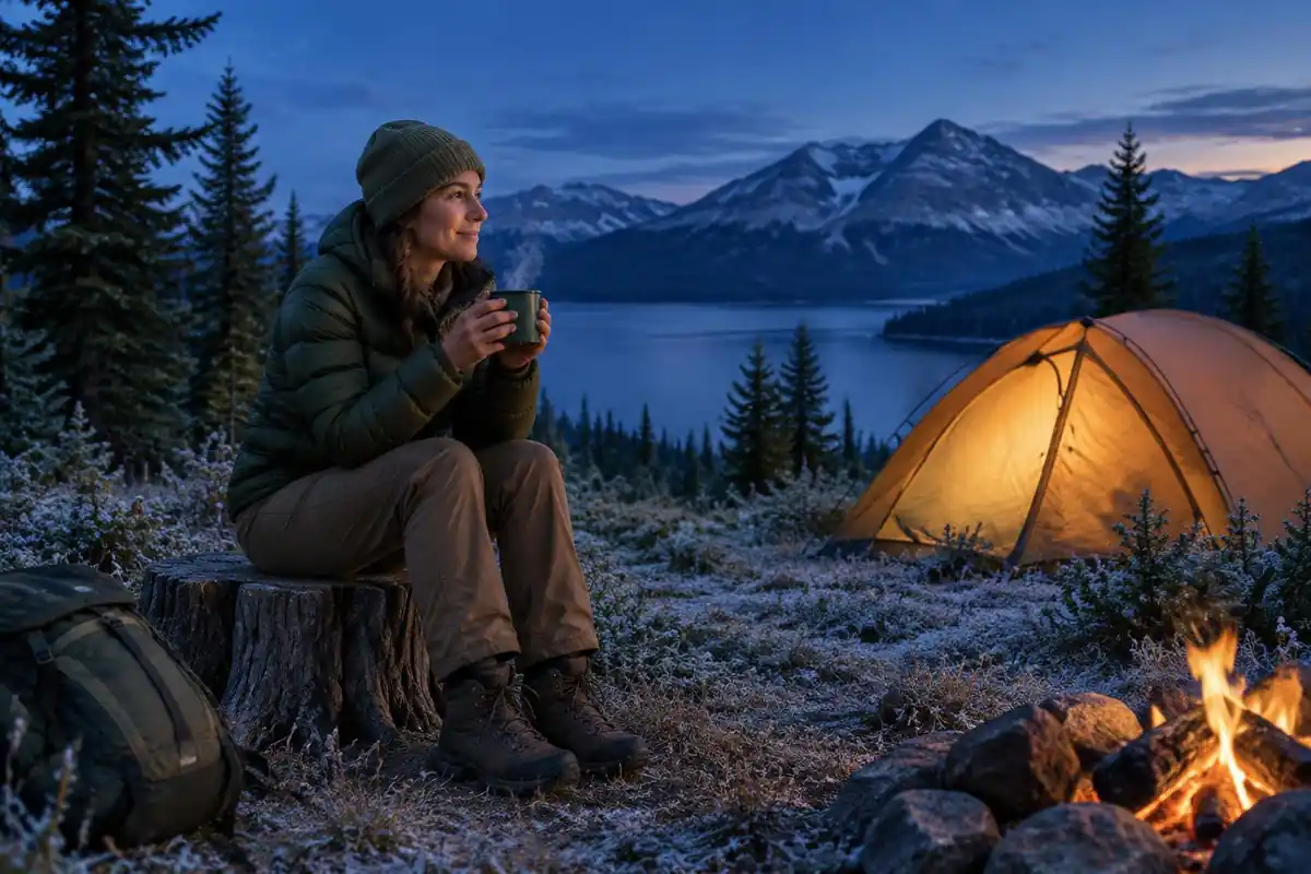 Hiker wearing a puffy jacket at a cold camp with steaming mug