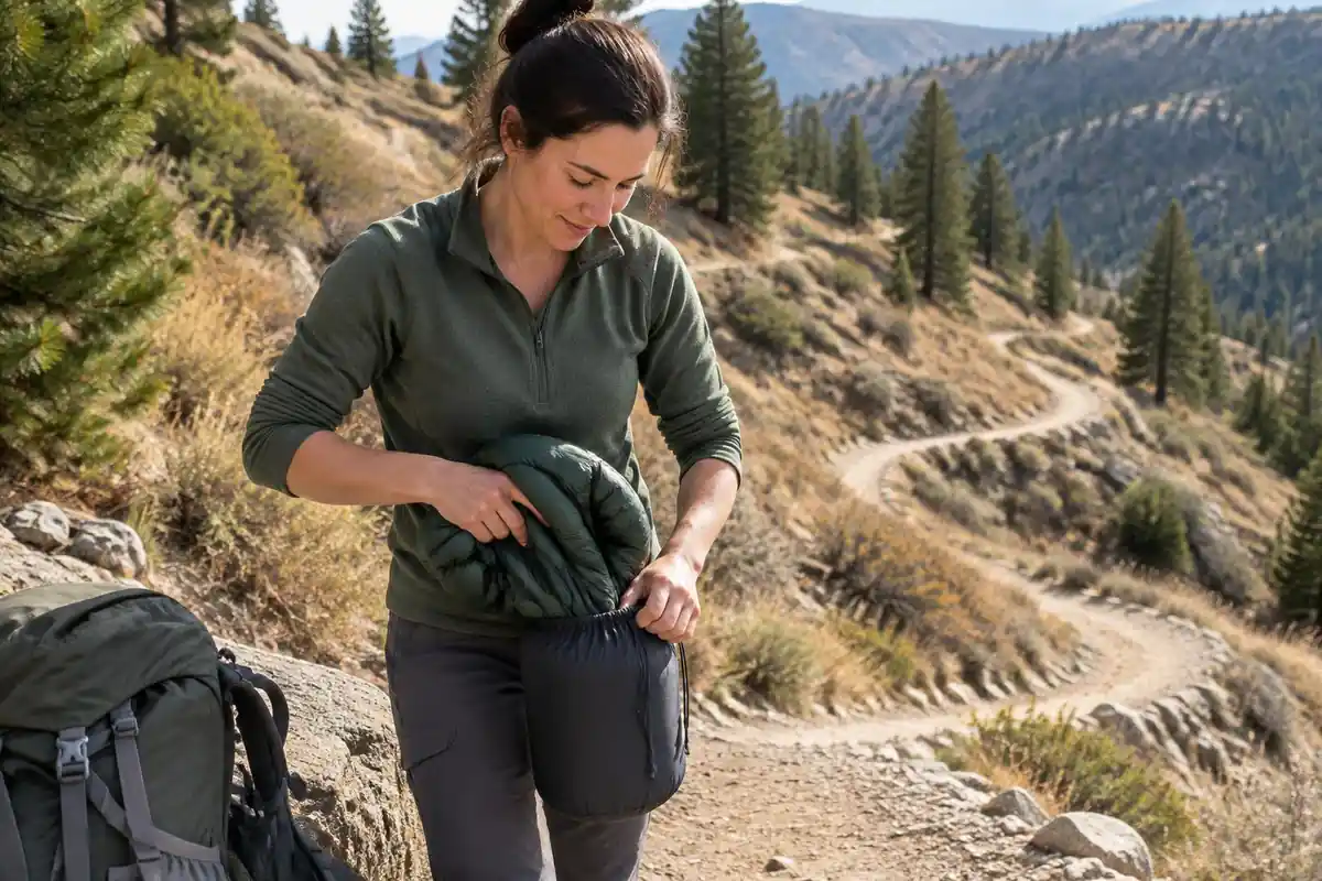 Hiker stuffing a puffy jacket into a small pack pocket on a warming climb