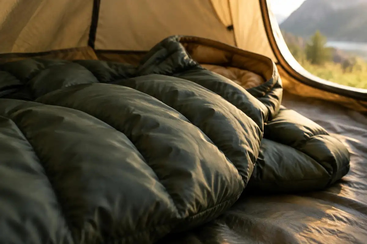 Baffles of a puffy jacket lit by sunrise on a tent floor