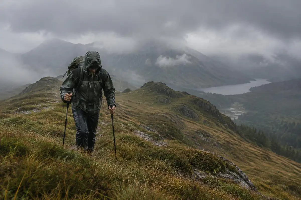 Hiker on a ridge in a heavy downpour with a hood cinched