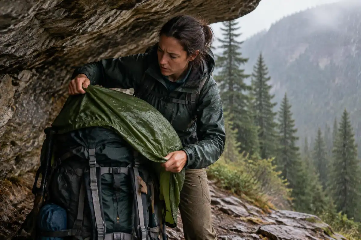 Hiker pulling on a shell over a pack at a sudden rain shower