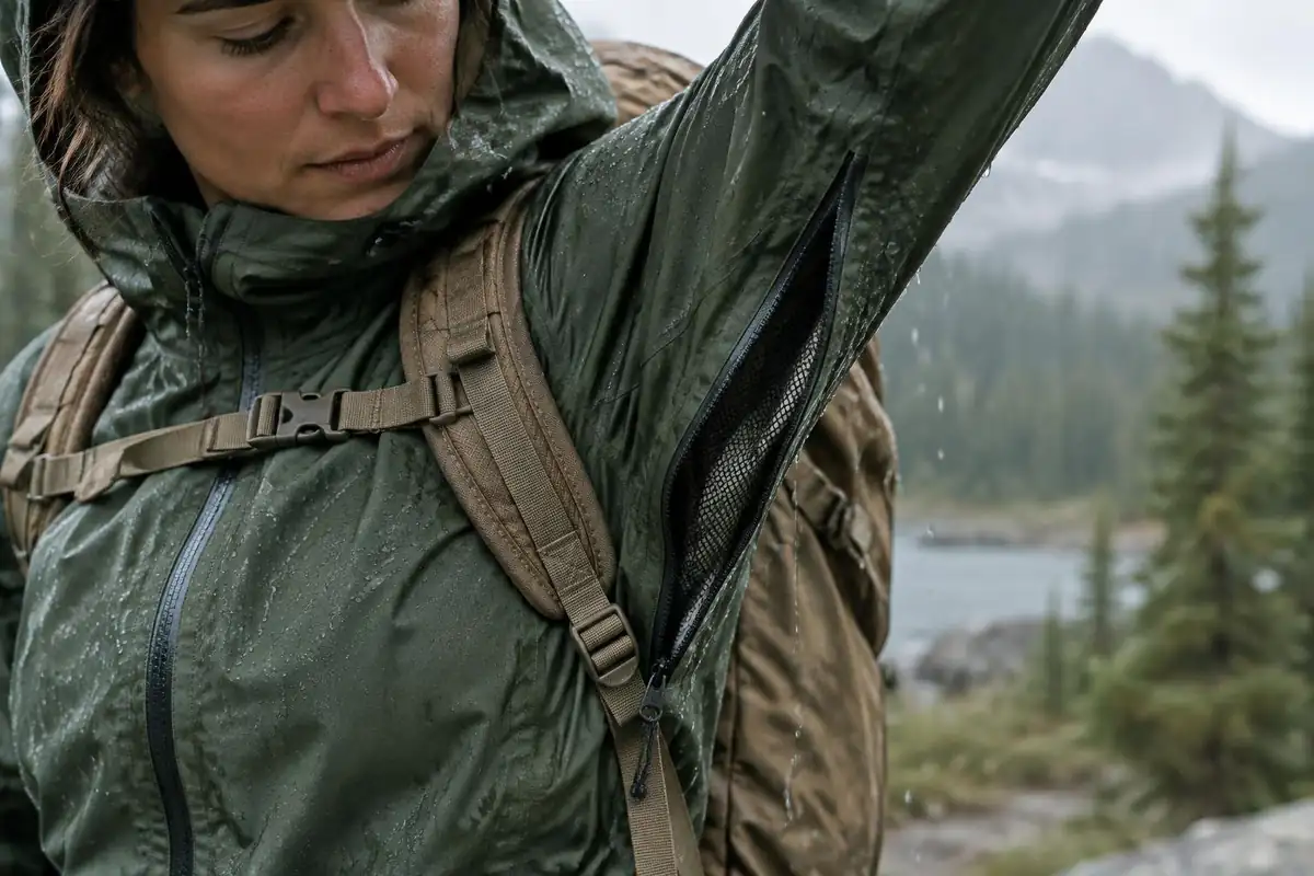 Pit zip zipper half open on a wet jacket