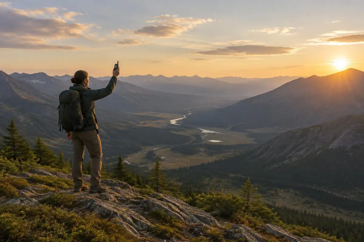 Lone hiker on a remote high ridge checking a small device to signal safety