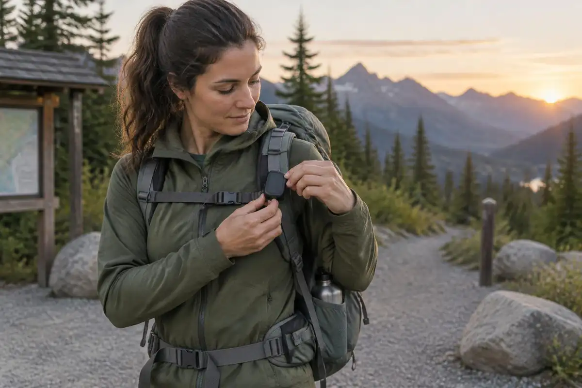 Hiker clipping a compact device to a shoulder strap at the trailhead