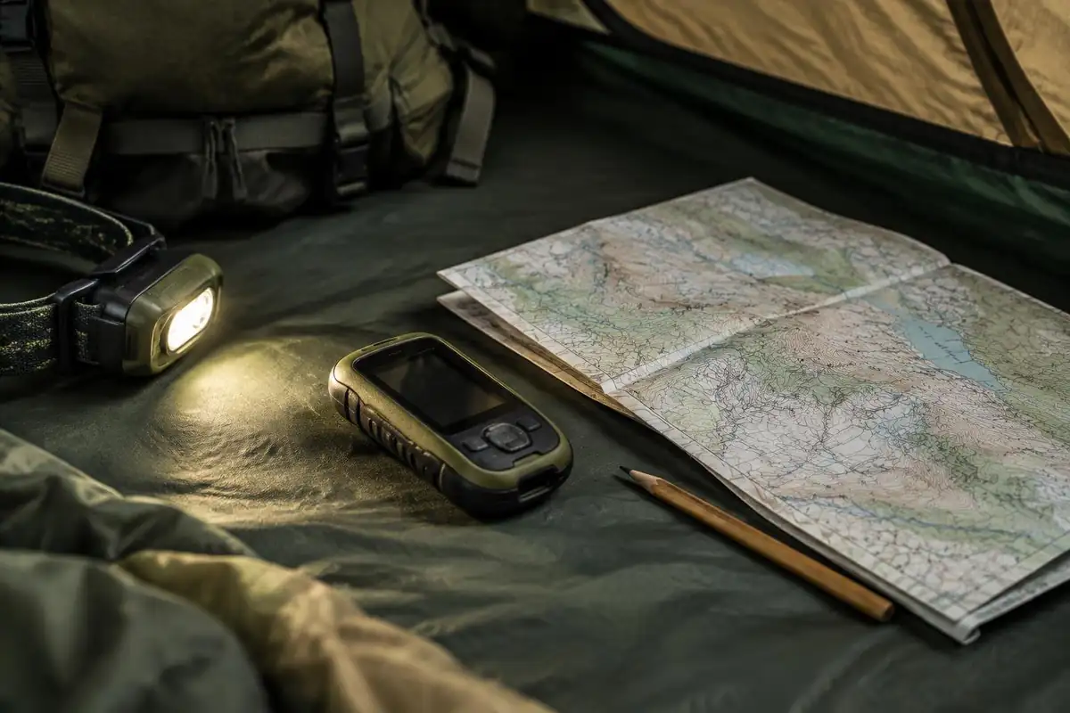 Small device beside a folded paper map on a tent floor