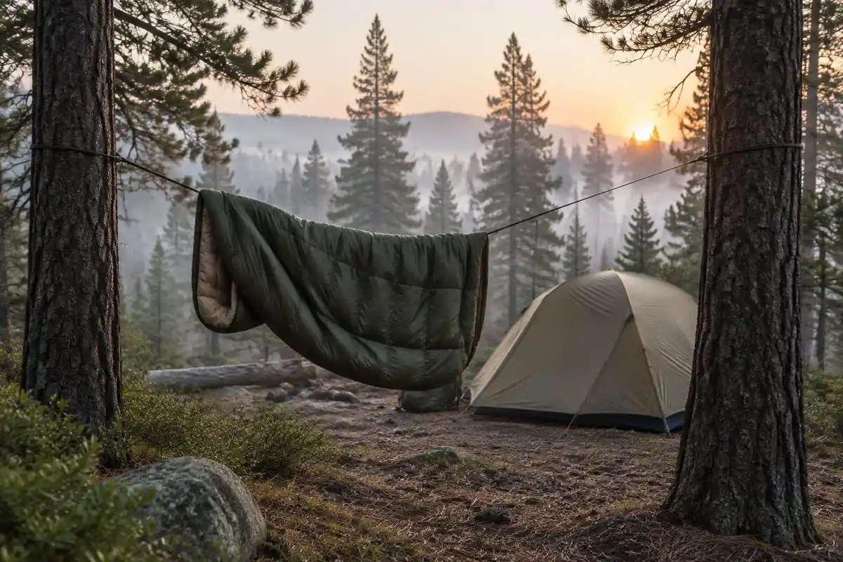 Camp at dawn with a sleeping bag drying on a line strung between trees
