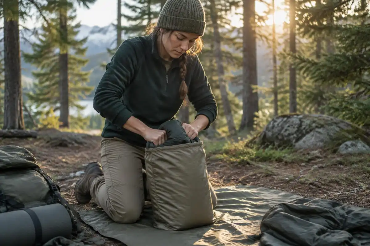 Hiker stuffing a sleeping bag into a compression sack at camp