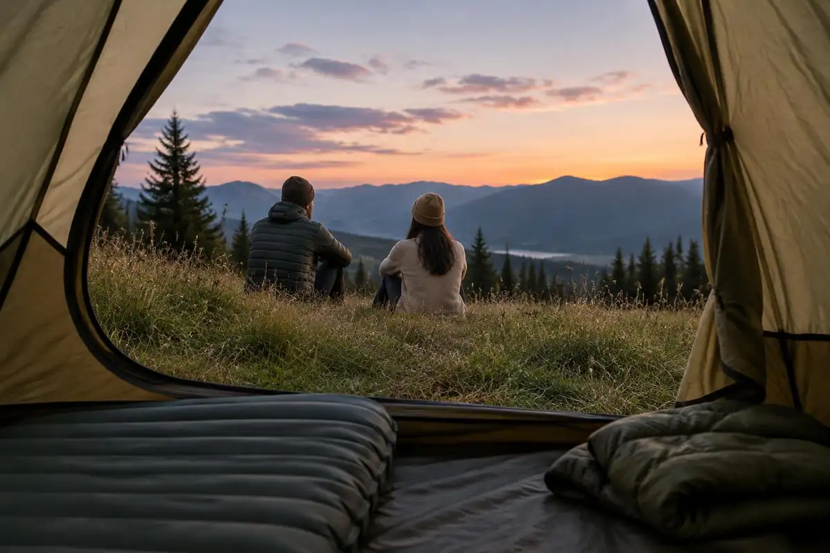 Inflated pad on a flat tent site under twilight