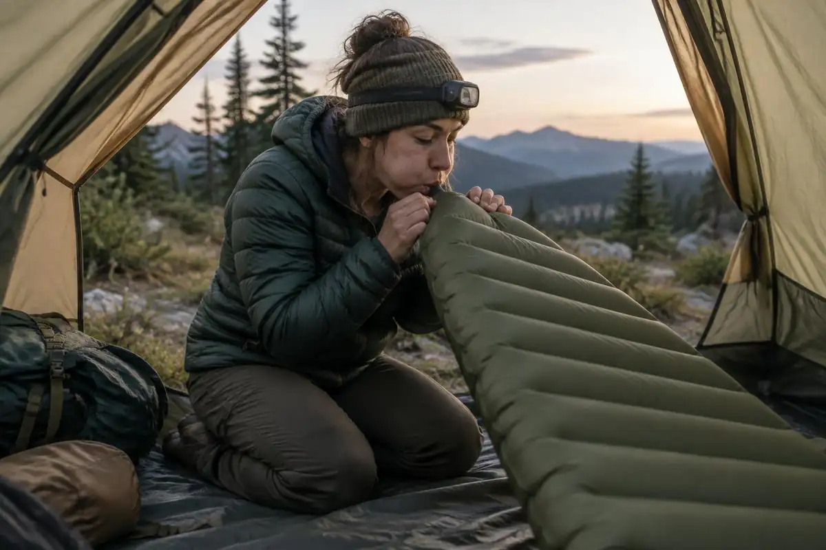 Hiker blowing air into a sleeping pad kneeling in a tent