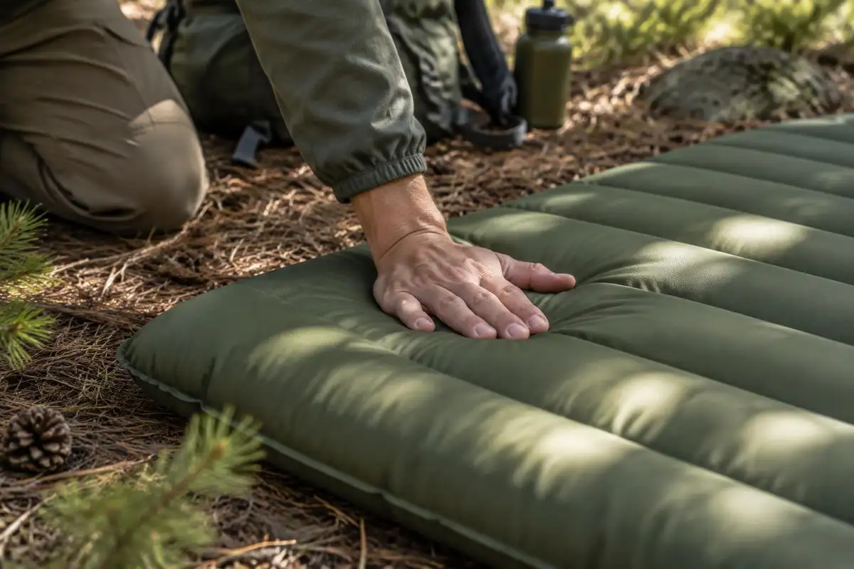 Hand pressing a sleeping pad to feel thickness on a pine-needle floor
