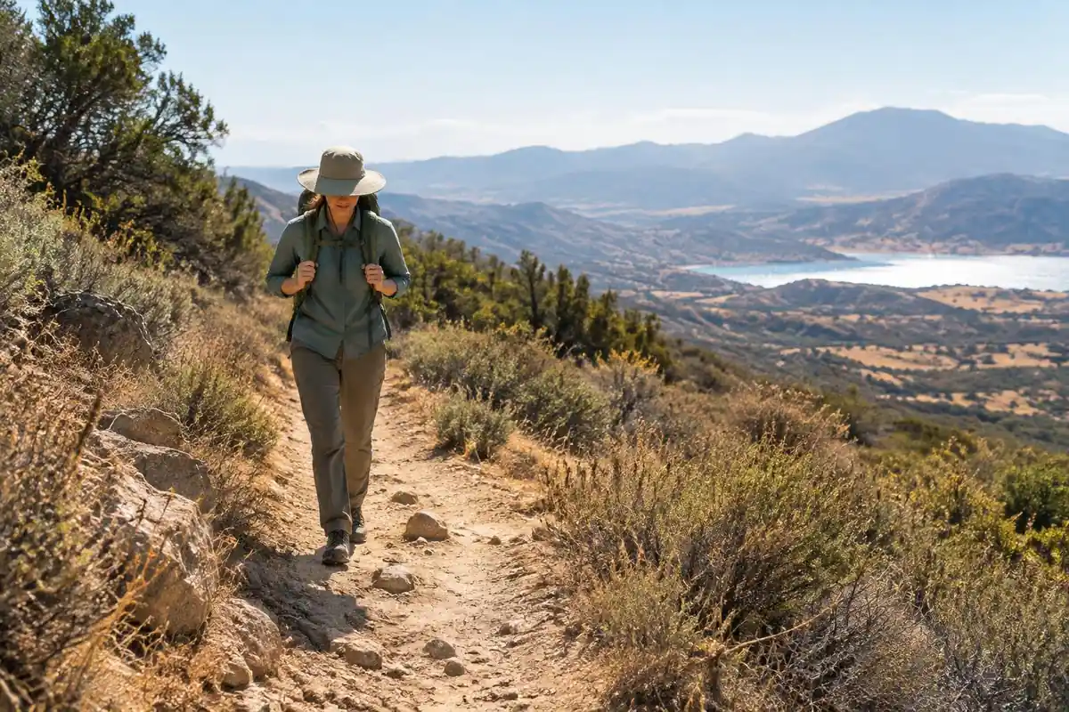 Hiker in a wide-brim hat on an open sun-baked trail